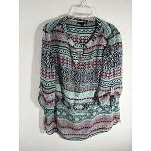 Sara Michelle Women’s 1X Blouse 3/4 Sleeve Sheer Teal Pink Black Geo Print Vneck